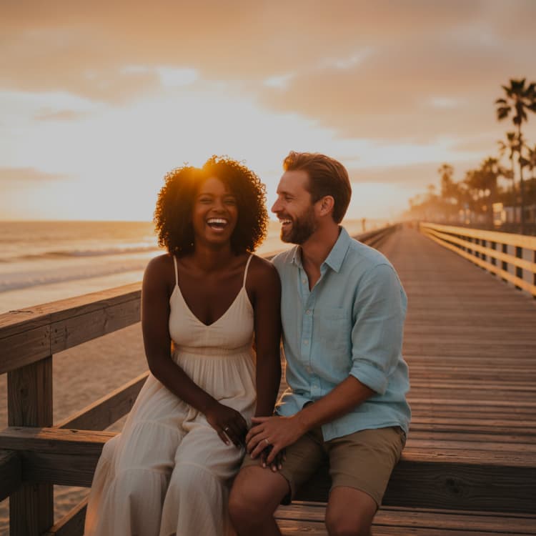 Couple laughing together on a beach pier at sunset